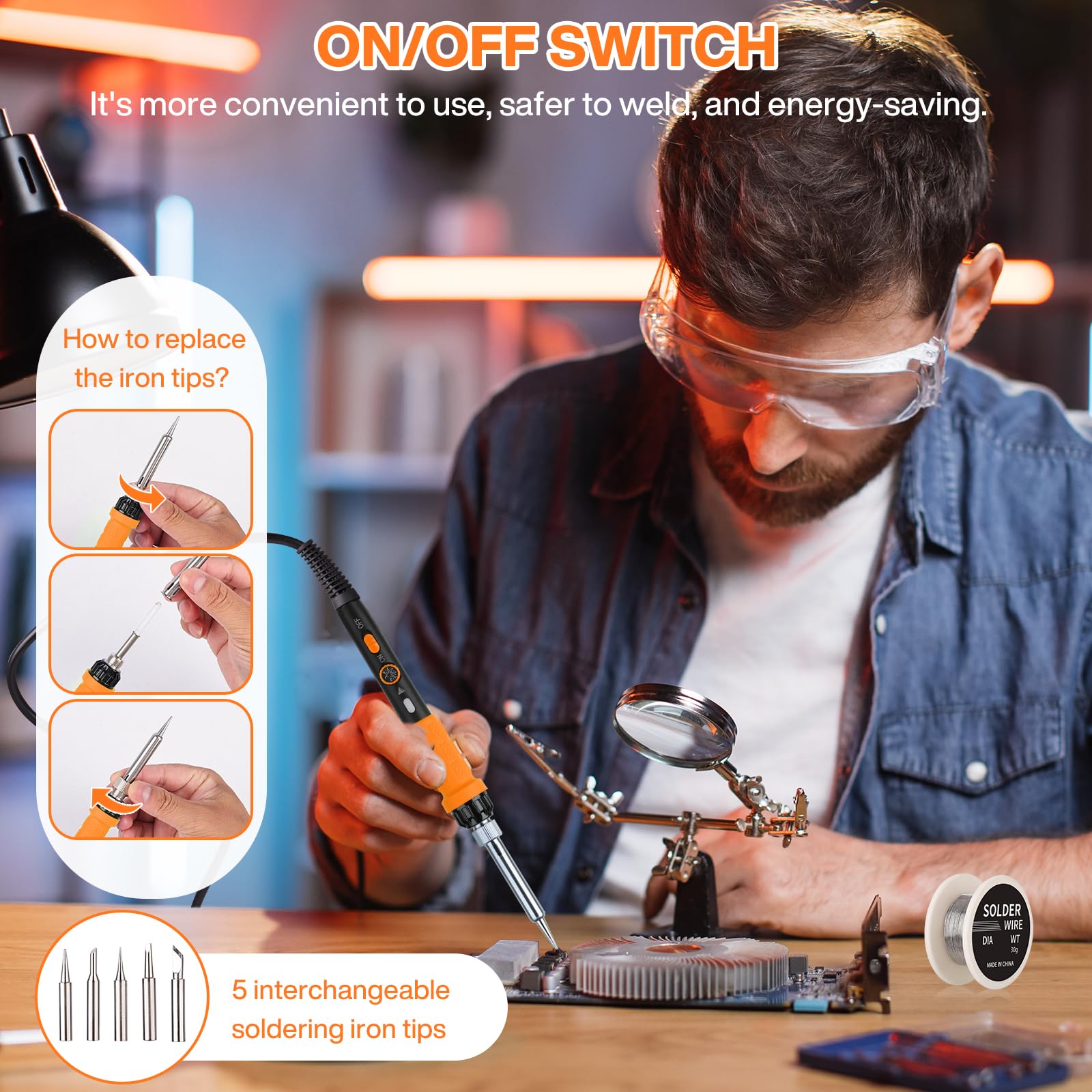 Kit de fer à souder avec multimètre numérique LCD, fer à souder 60 W avec 5 pointes de rechange, support, pompe à dessouder, étain, pince à dénuder, pincette, ruban adhésif, sac à outils