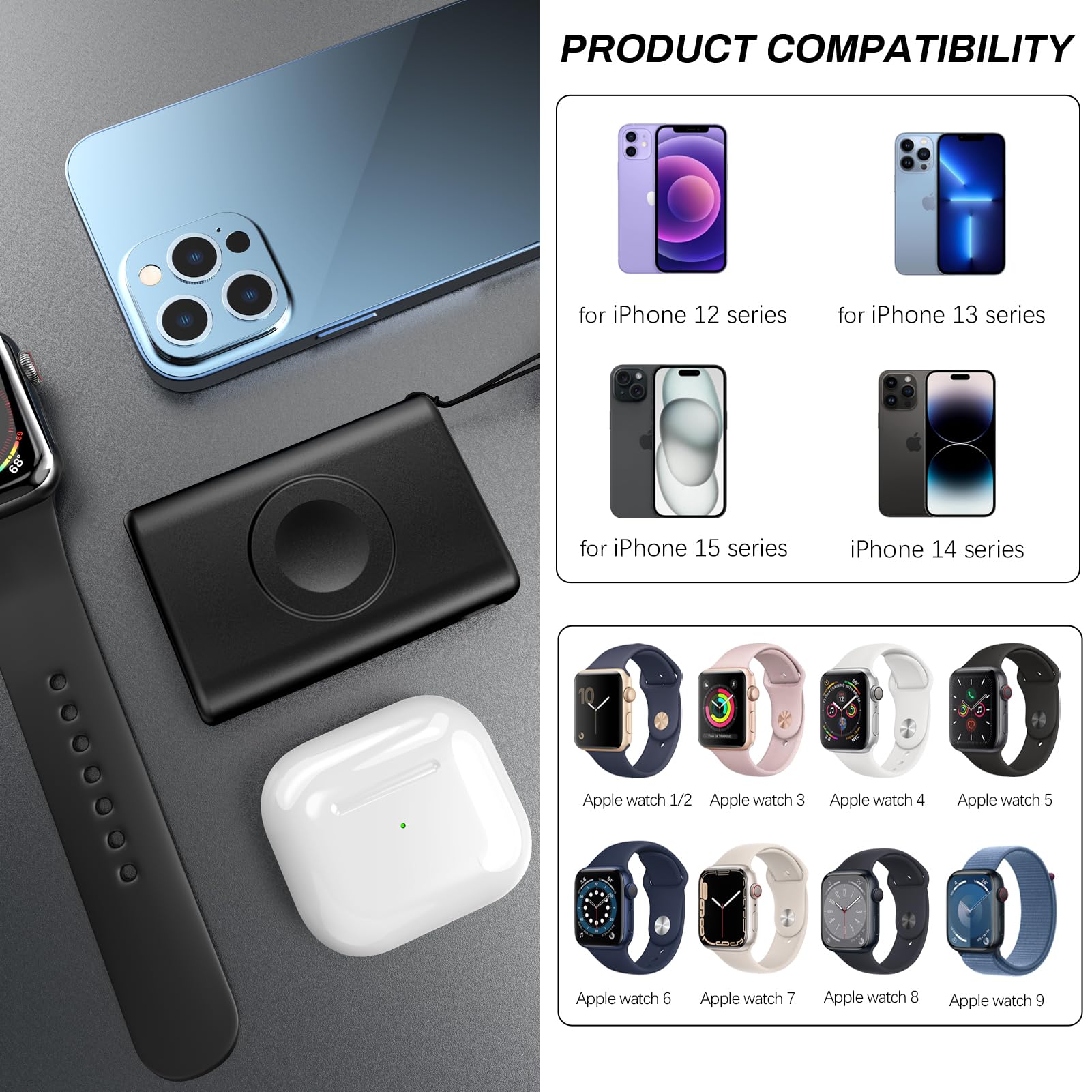 Przenośna mini ładowarka 3000 mAh do Apple Watch 9/8/7/6/5/4/3/2/1/SE, bezprzewodowa ładowarka do zegarka iWatch, kompaktowa i lekka magnetyczna ładowarka powerbank do iPhone 15 14 1 3 12 Pro Max Mini