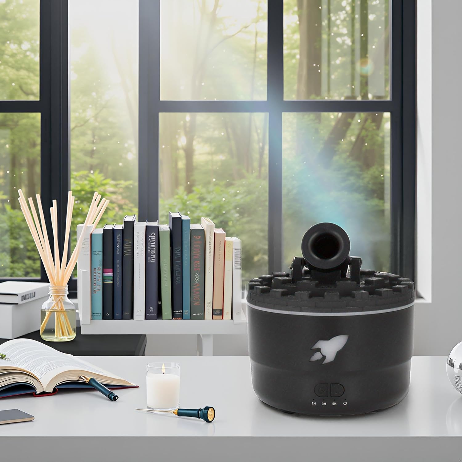 LED Quiet Essential Humidifier, Creative Shape Design Intelligent Timer Setting Portable Oil Diffuser with 7 Colors Light for Large Room(200ml Black)