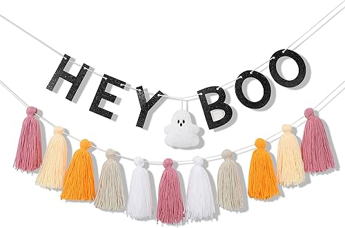 Miniatura 1 de Hey Boo - Pancarta con borlas de fantasma, pancarta de borla de fantasma para Halloween, decoración del hogar de Halloween, pancarta de fantasma,