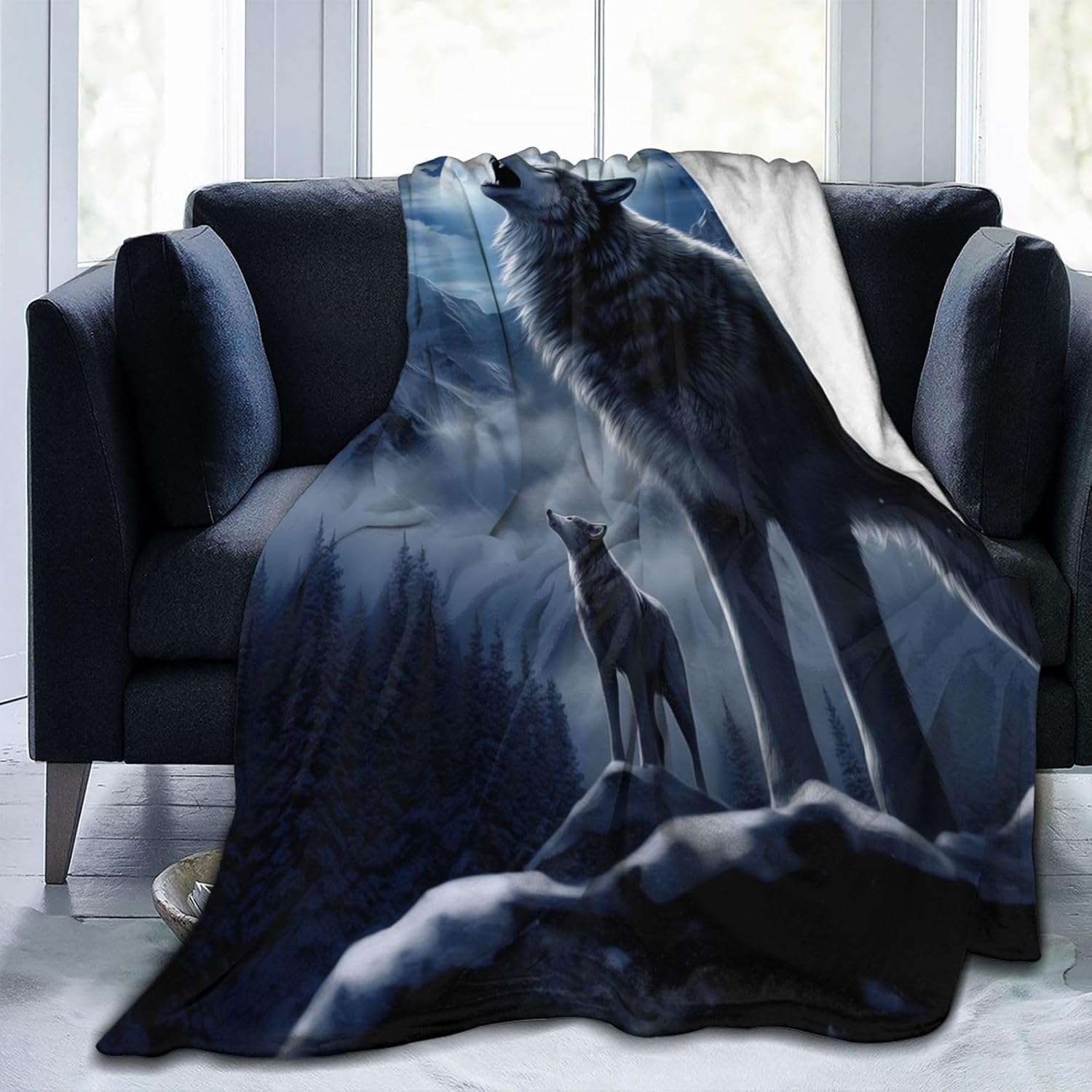 Snowy Mountain Wolf Blanket Gifts Moonlit Night Wolves Flannel Throw Blankets for Home Decor Couch Bed Sofa Soft Fuzzy Lightweight for All Season 60x50 Inches - Image 6