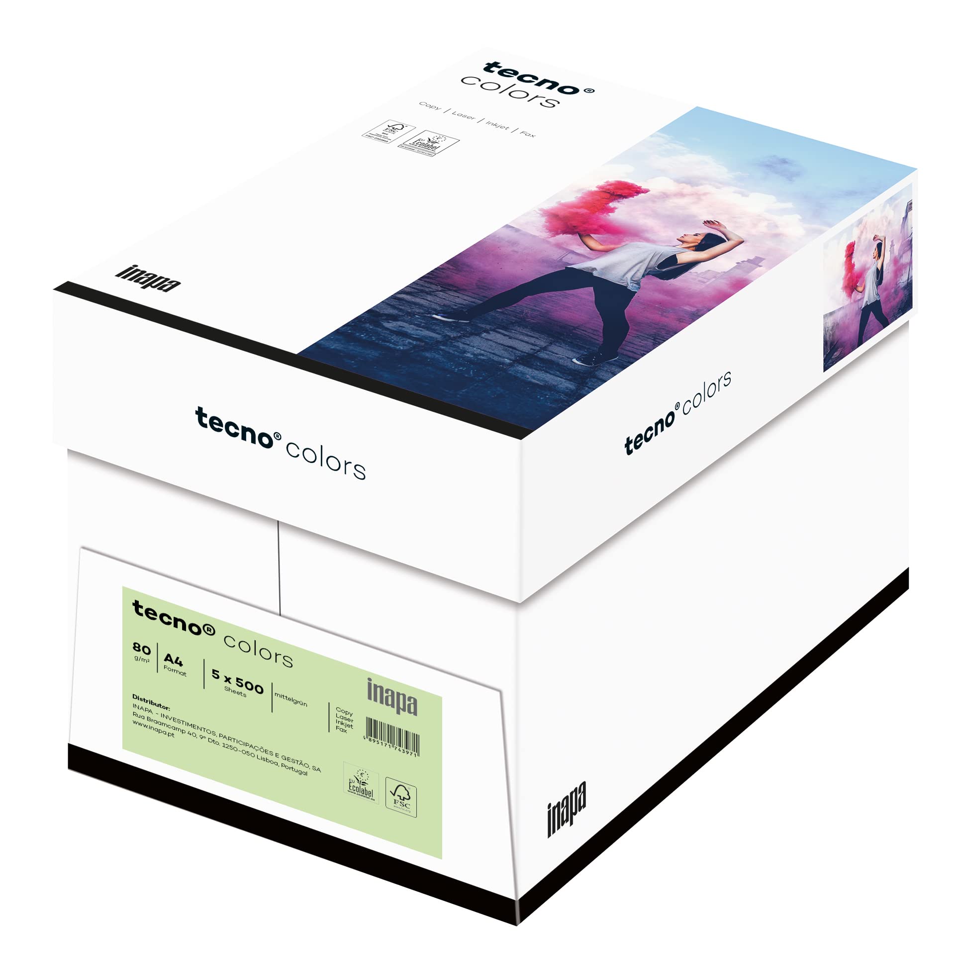 inapa farbiges Druckerpapier, buntes Papier tecno Colors: 80 g/m², A4, 2.500 Blatt (5x500), mittelgrün