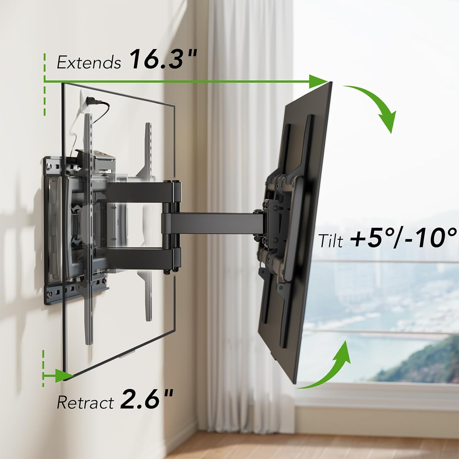 Full Motion TV Wall Mount Bracket with Power Outlet for Most 32-85 inch TV,TV Mount Dual Articulating Arms,Tilt/Swivel/Extension/Leveling,Fits 8” 12” 16" Studs,Max Vesa 600x400mm, Holds up to 132lbs
