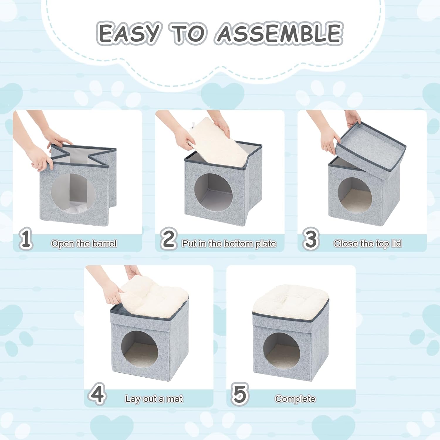 B FSOBEIIALEO Cat House Cube Small Dog Cubes For Indoor Cats Folding Cat Ottoman, Cat Cave, Stackable Cat Condo For Kitten, With Removable Soft Sleeping Bed, Felt And Engineered Wood 12.6"(Light Grey)