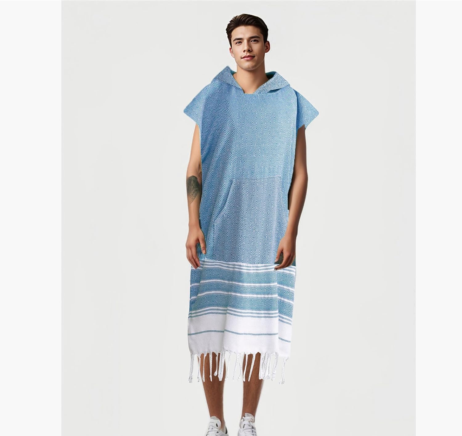 1pcs Turkish Towel Poncho Turkish Cotton Beach Poncho wim Cover Up Wearable Towel Hooded Poncho with Pocket for Adult Man Women (Lake Blue)