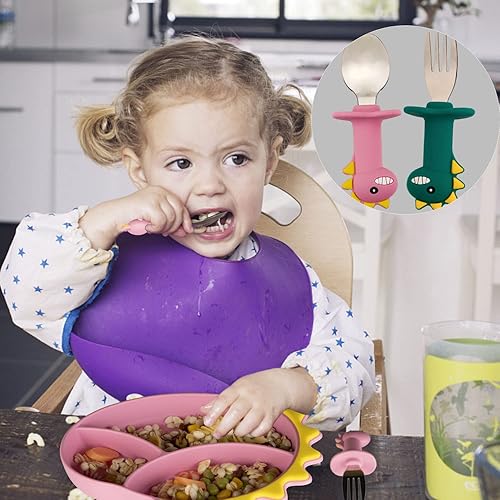 Miniatura 5 de Utensilios para niños, juegos de tenedores y cucharas para bebés, cubiertos para niños con mango de silicona, cucharas de dinosaurio para niños