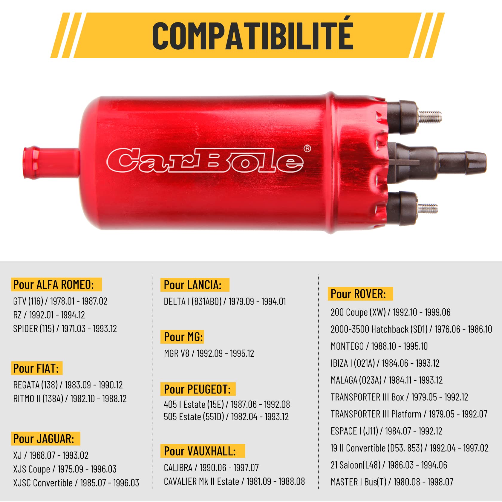 CarBole Pompe à Carburant en Ligne Électrique Externe 125 PSI, 12V, 250BHP | Essence Haute Pression pour Essence, Diesel, Remplacement de Plusieurs Numéros de Pièces, Rouge