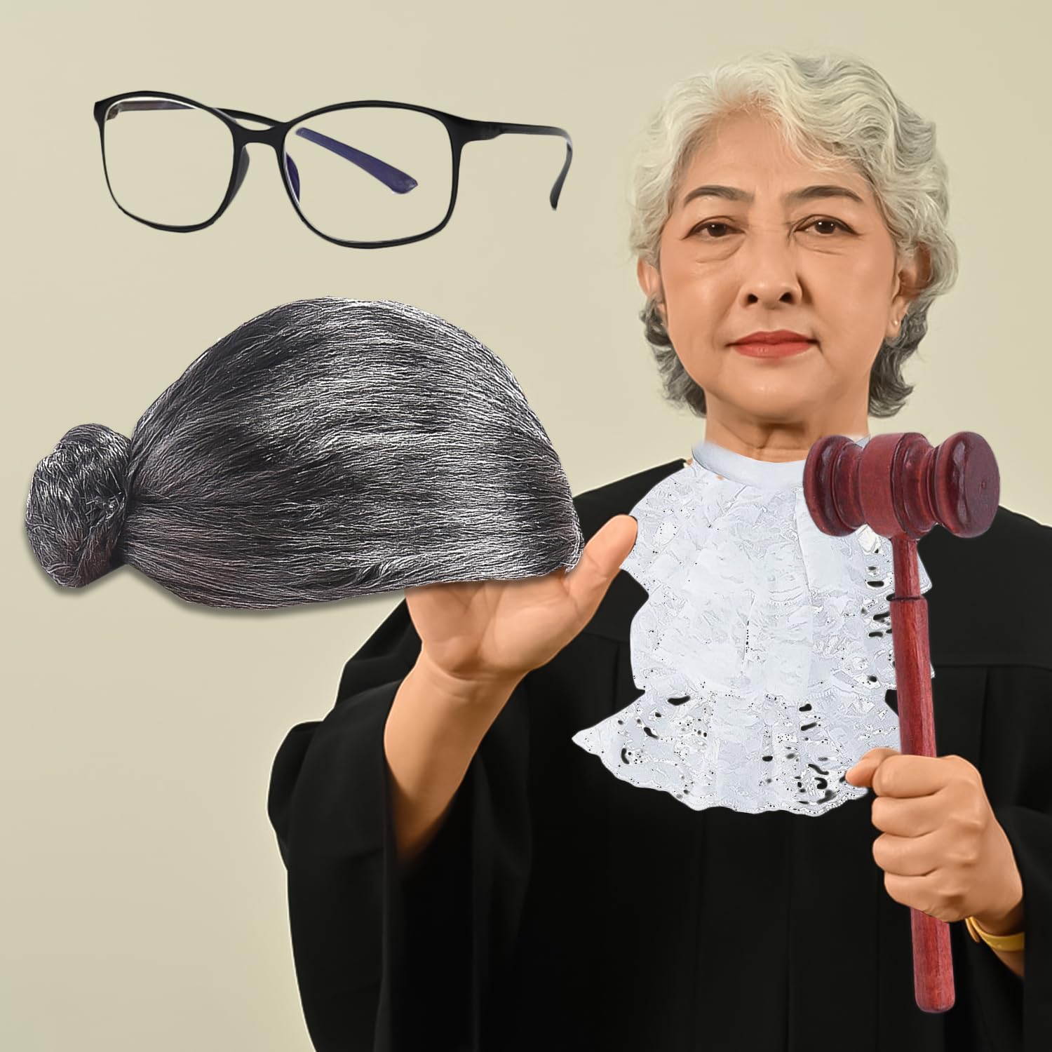 Nereds 4pcs Judge Costume Accessories Set Gray Wig Plastic Frame Glasses Gavel Hammer False Collar Halloween Lawyer Costume for Halloween Cosplay Party Favor - Image 3