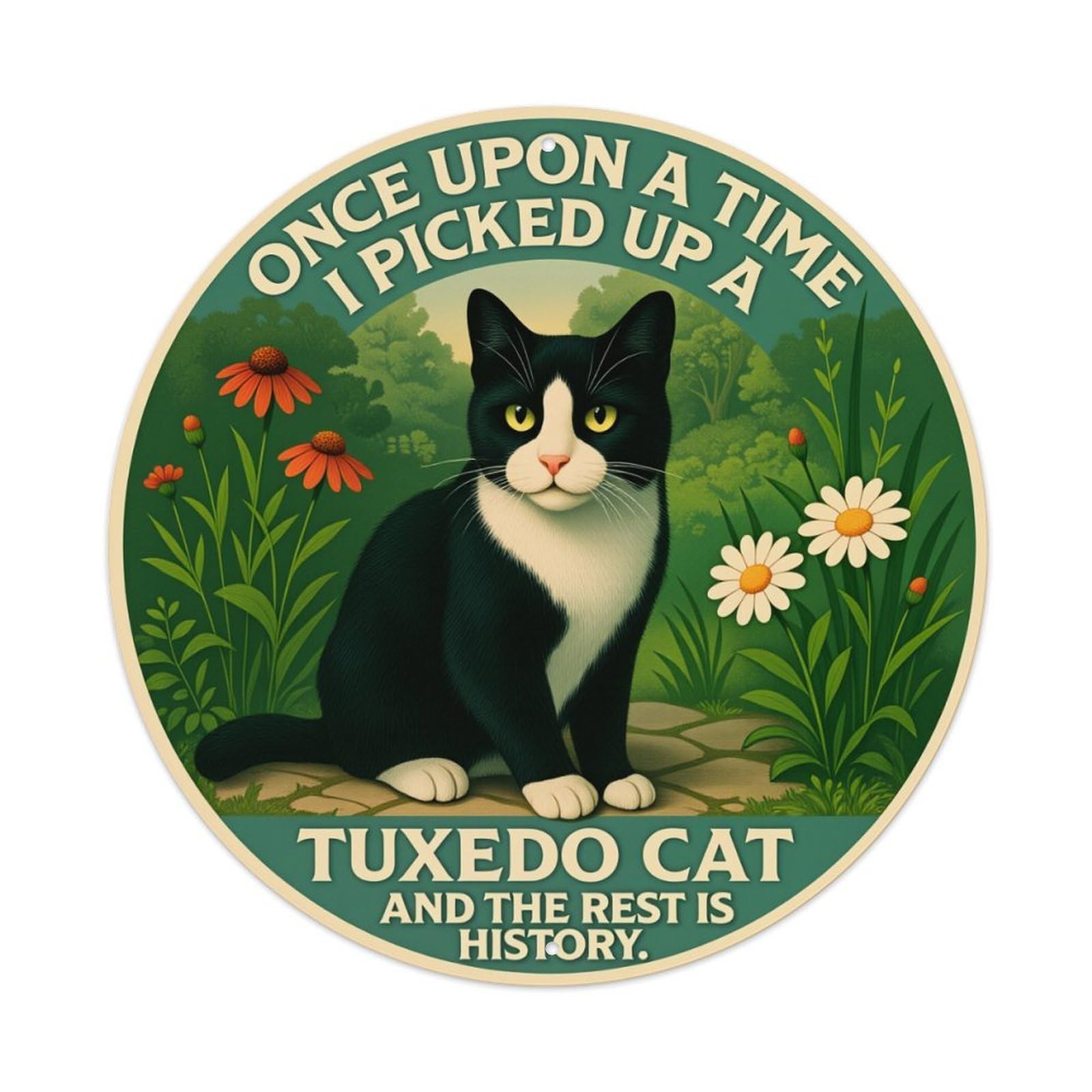 Tuxedo Cat Garden Scene Vintage Round Tin Sign Retro Metal Wall Decor Metal Poster, Home Bar Garage Cafe Wall Art Decoration 8x8Inches