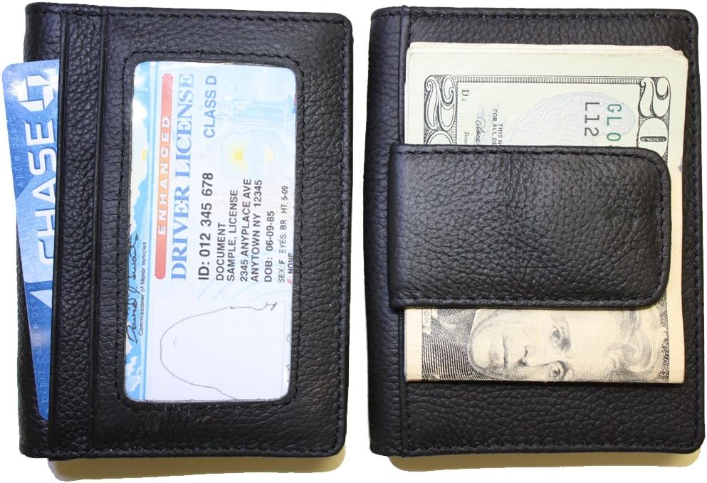 Fine leather bifold wallet with money clip card id holder (black)