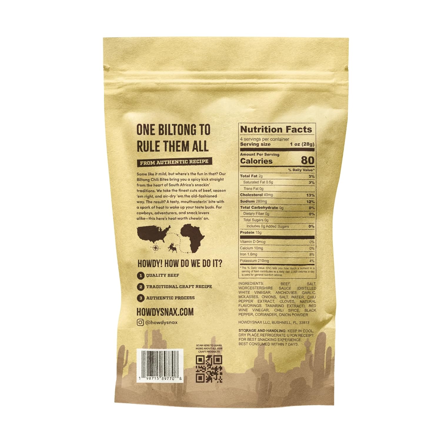 HowdySnax Biltong Chili Bites – 4 Pack (16 oz Total) – Bulk Spicy Beef Snack • High‑Protein • Keto & Paleo • No Preservatives • Made in USA