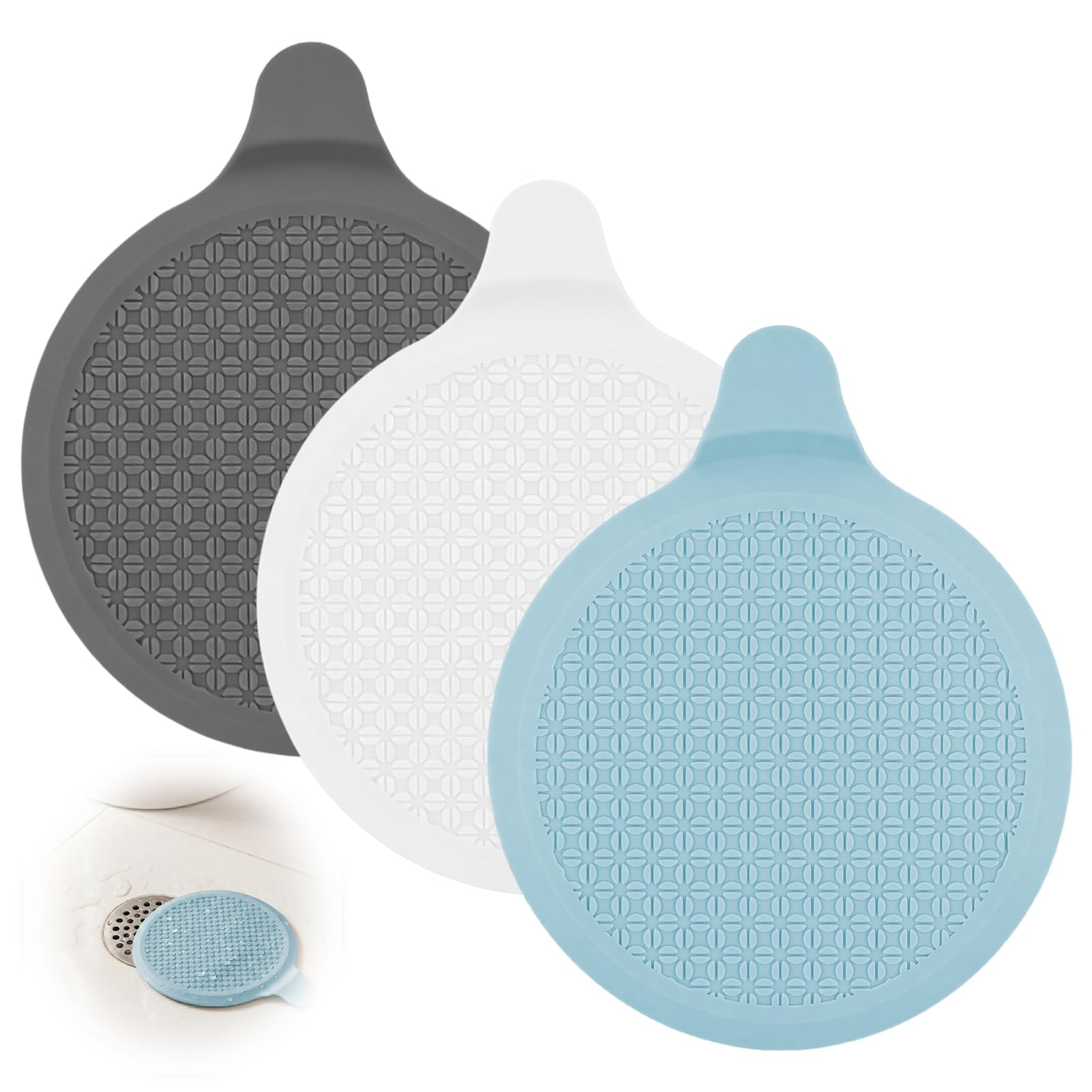 3 Pack Silicone Bathtub Stopper, 6" Universal Drain Stopper for Bath Plug Replacement Cover, Bath Stopper, Flexible Non-Slip Seal for Shower, Bathroom Sink, Kitchen & Tub Drains Grey & Blue & White