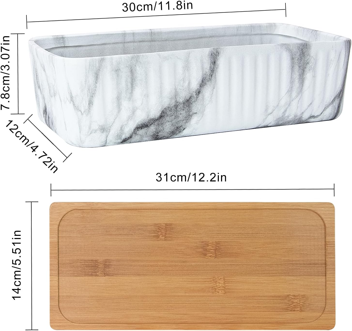 Succulent Pots - 12'' Long Rectangular Planter for Indoor Plants, Shallow Marble Windowsill Planter for Cactus & Bonsai, Ceramic Flower Plant Pots with Drainage Tray Decorative Window Box Planter