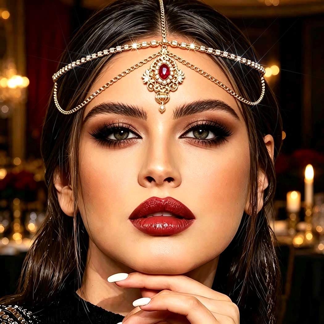 Gold Rhinestone Head Chain Indian Layered Forehead Headpiece Wedding Bridal Hair Jewelry