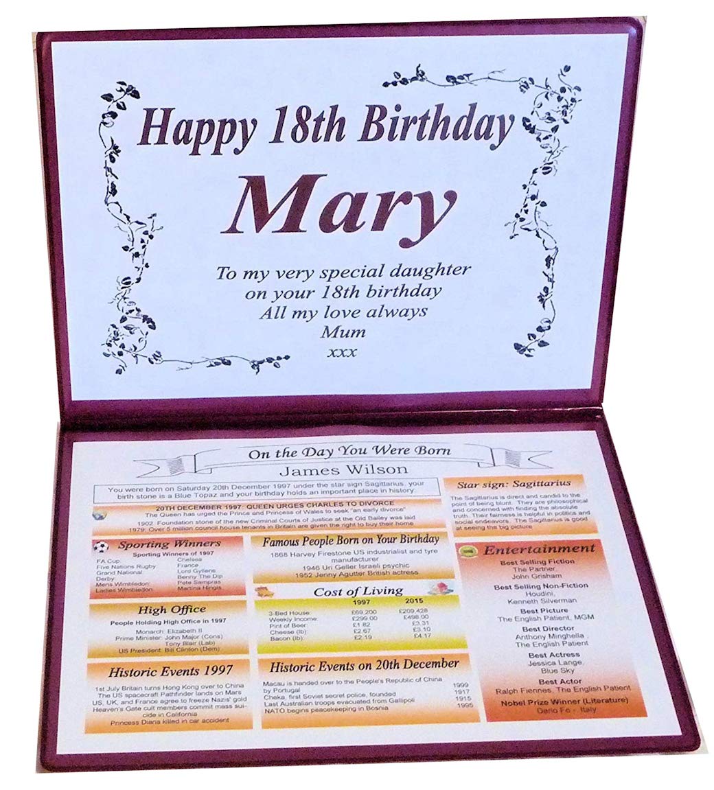 18TH Birthday Gift - The Day You were Born - Personalised Keepsake