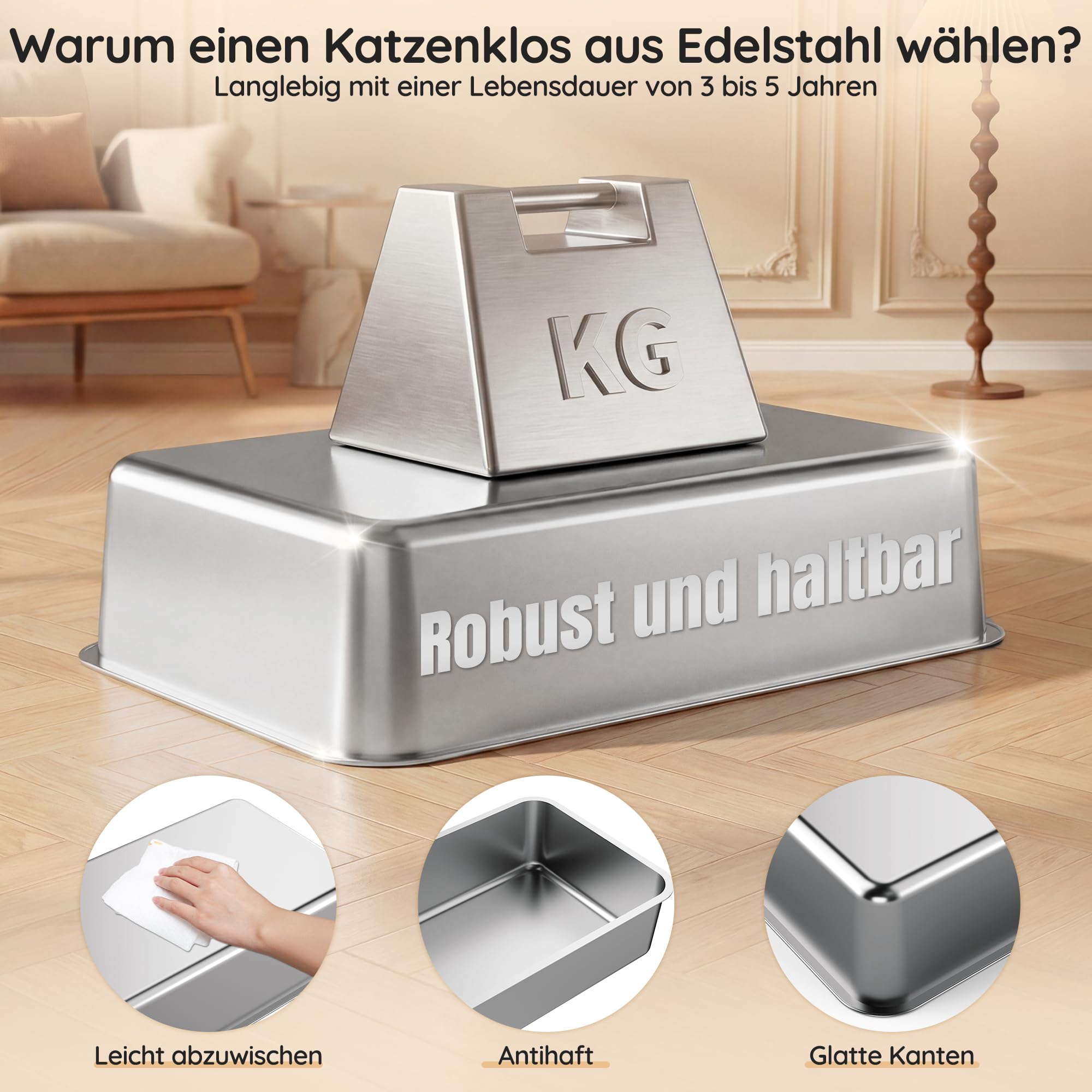 JUMMICO Katzenklo Edelstahl, XXL Katzentoilette aus Edelstahl, Katzenklo mit Schaufel und Matte, erhöhtem Rand, offen, leicht zu reinigen
