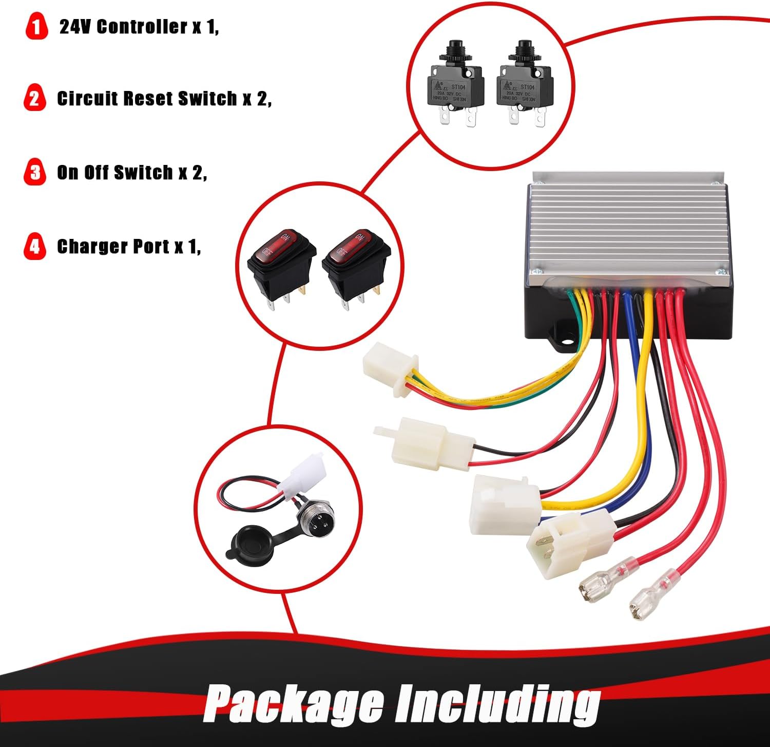 KAMIER 24V Controller Kit Replacement for Razor E300 E300S E325 E200 E200S RX200 Kids Electric Scooter Control Module with Charger Port Circuit Reset On Off Switch E-Scooter Parts