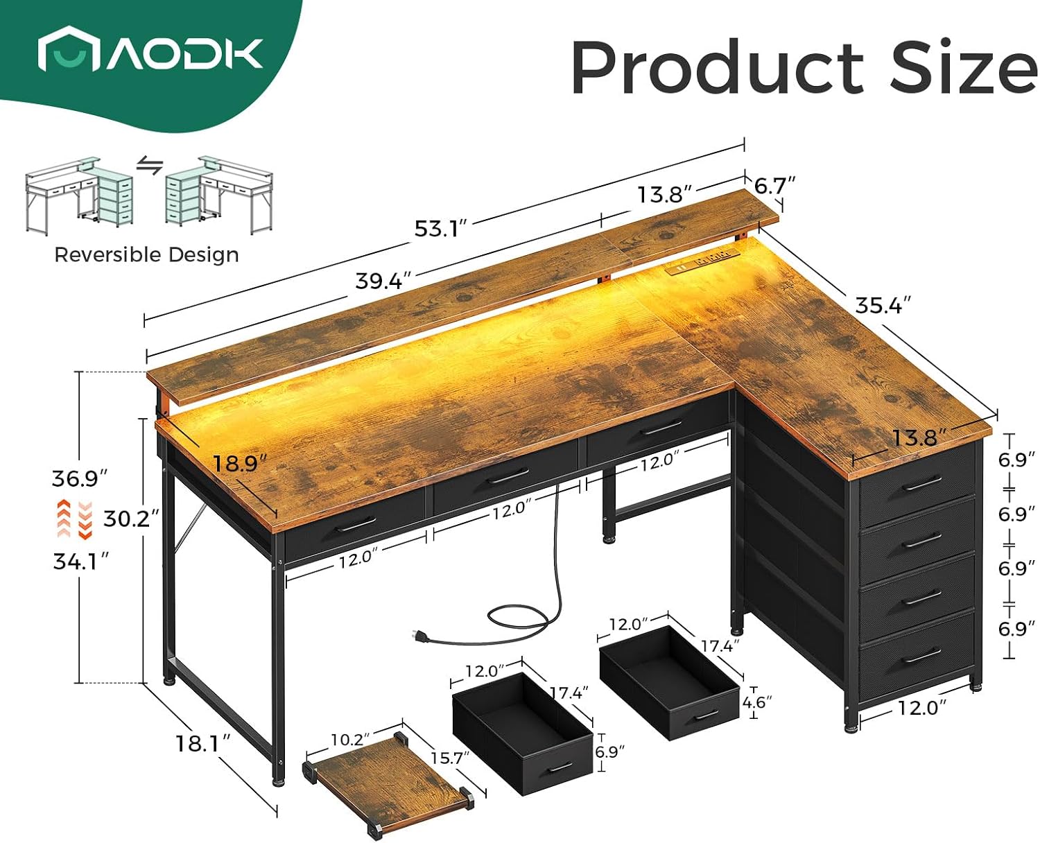 Product dimensions diagram for AODK L Shaped Desk