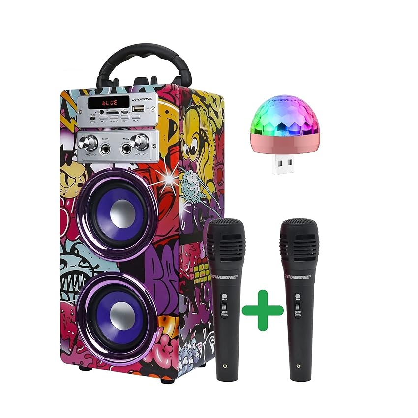 Immagine del prodotto DYNASONIC - Cassa Bluetooth portatile (3a generazione) con modalità karaoke e microfono, radio FM e lettore SD USB (luci da discoteca Pack)