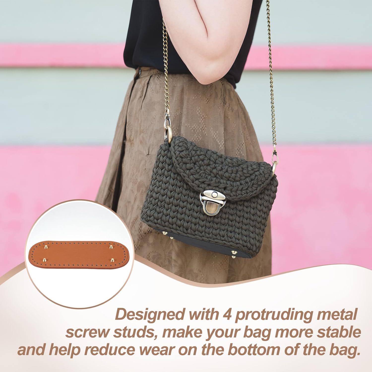 PATIKIL PU Leather Bag Bottom Shaper 8.7x3.9 Inch, Oval Knitting Crochet Bags Bottom Pad Base with Holes & Nails for DIY Handbag Shoulder Bags Purse Making Supplies, Brown - Image 4