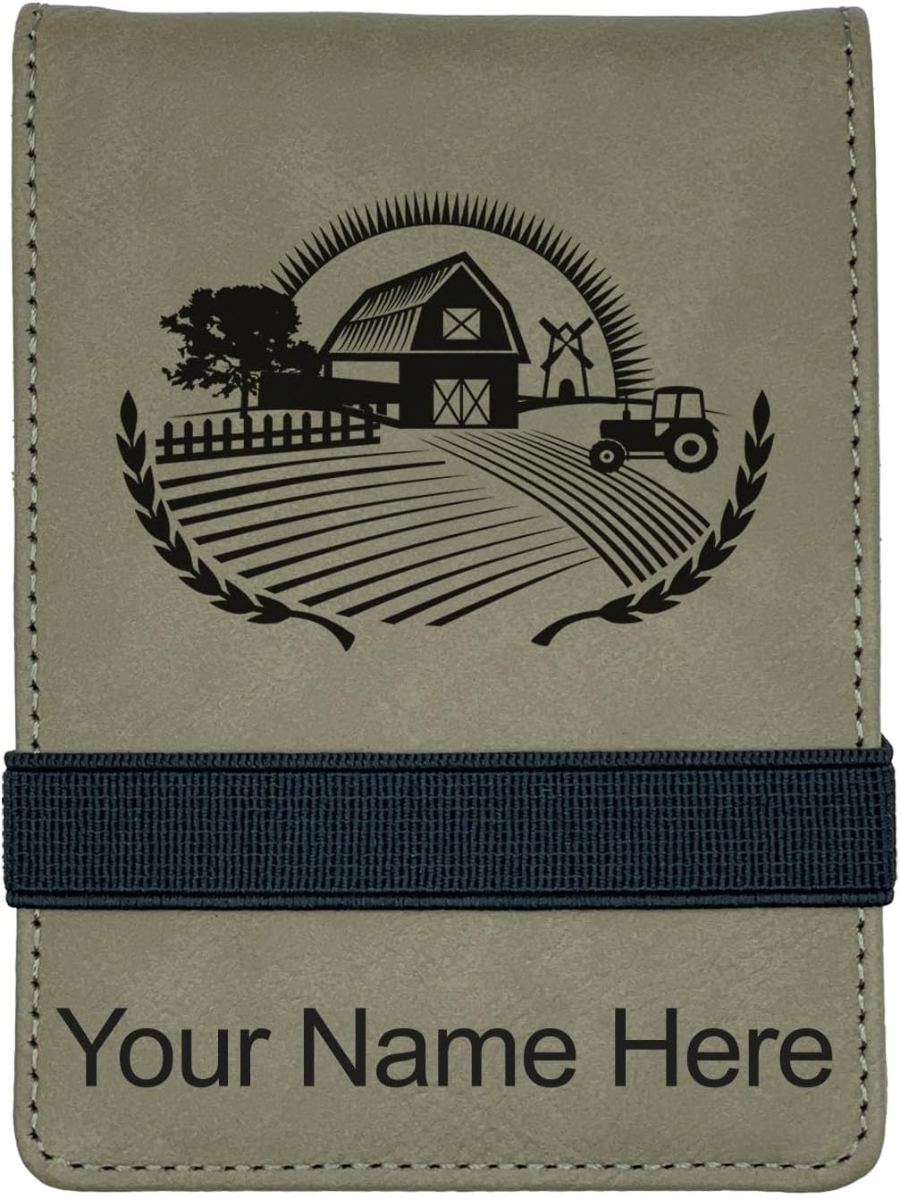 LaserGram Mini Padfolio with Notepad and Pen, Farm, Personalized Engraving Included (Black with Silver)