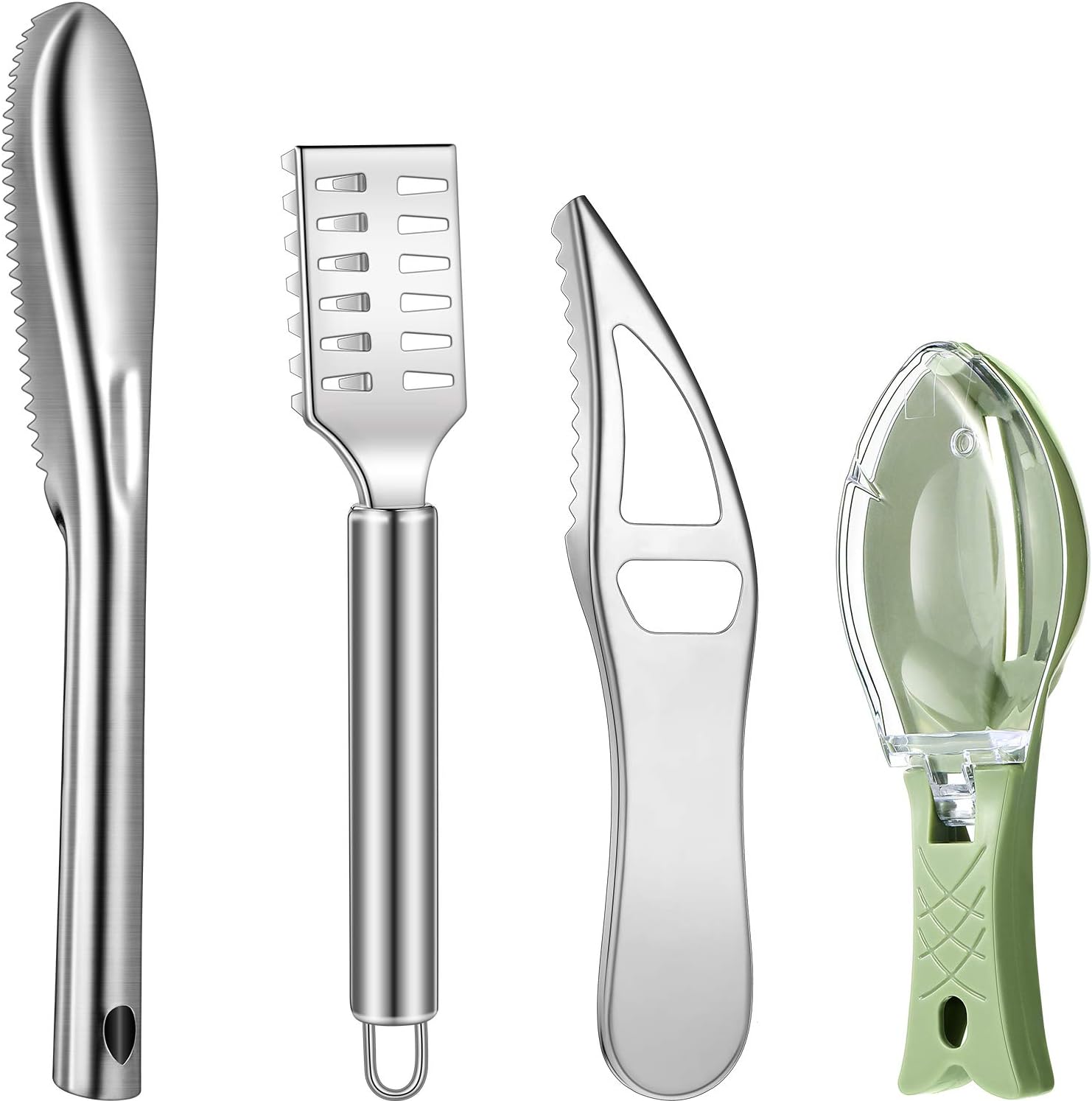 Honoson 4 Pieces Stainless Steel Fish Scale Remover Cleaner Kitchen Scaler Fish Skin Graters Cleaning Peeler Scaler Scraper with Bottle Opener for Kitchen Cleaning Tools