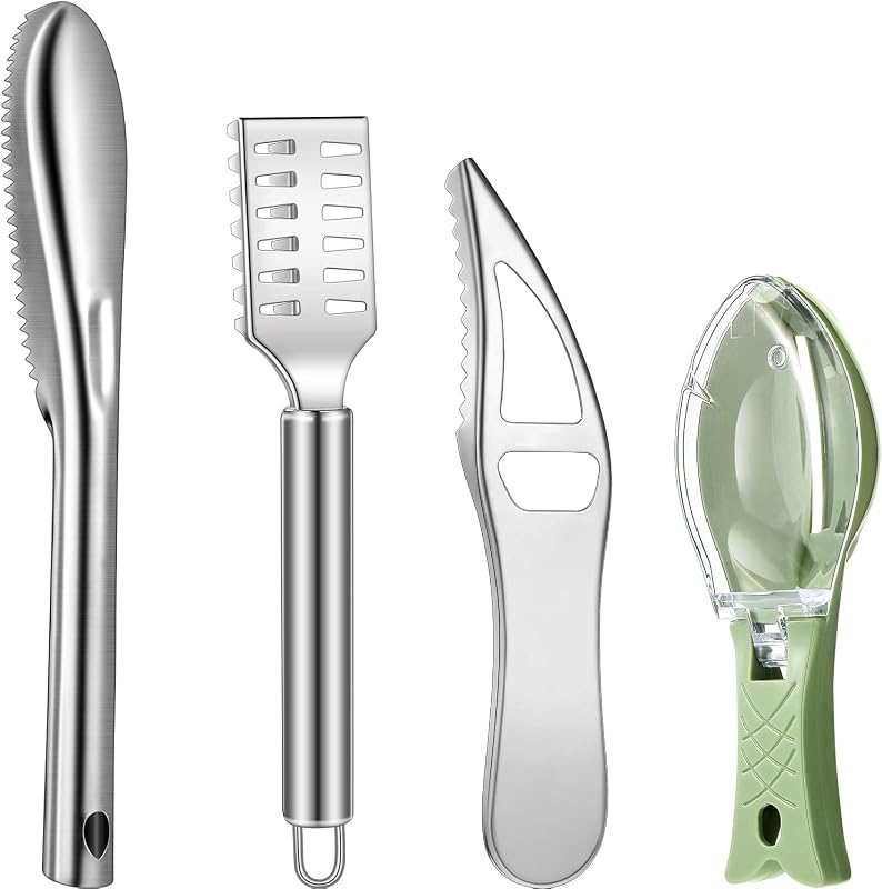 Honoson 4 Pcs Stainless Steel Fish Scale Remover Scaler with Bottle Opener | Fish Skin Peeler, Descaler Cleaner, Stainless Steel Blade, 4 Pack Kitchen Fish Cleaning Tool