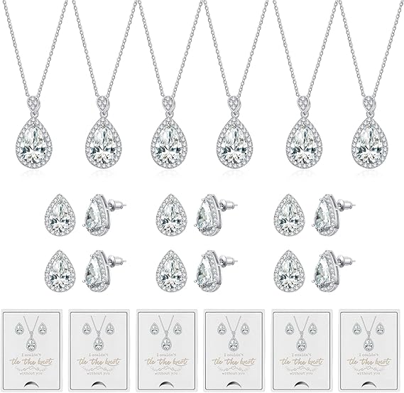 Amazon Dhqh ブライズメイド プロポーズ ギフト ティアドロップ ジュエリーセット ブライダルブライズメイド 6セット ネックレス イヤリングセット ウェディングジュエリーセット レディース ガールズ 銅 ゴールドストーン ネックレス 通販