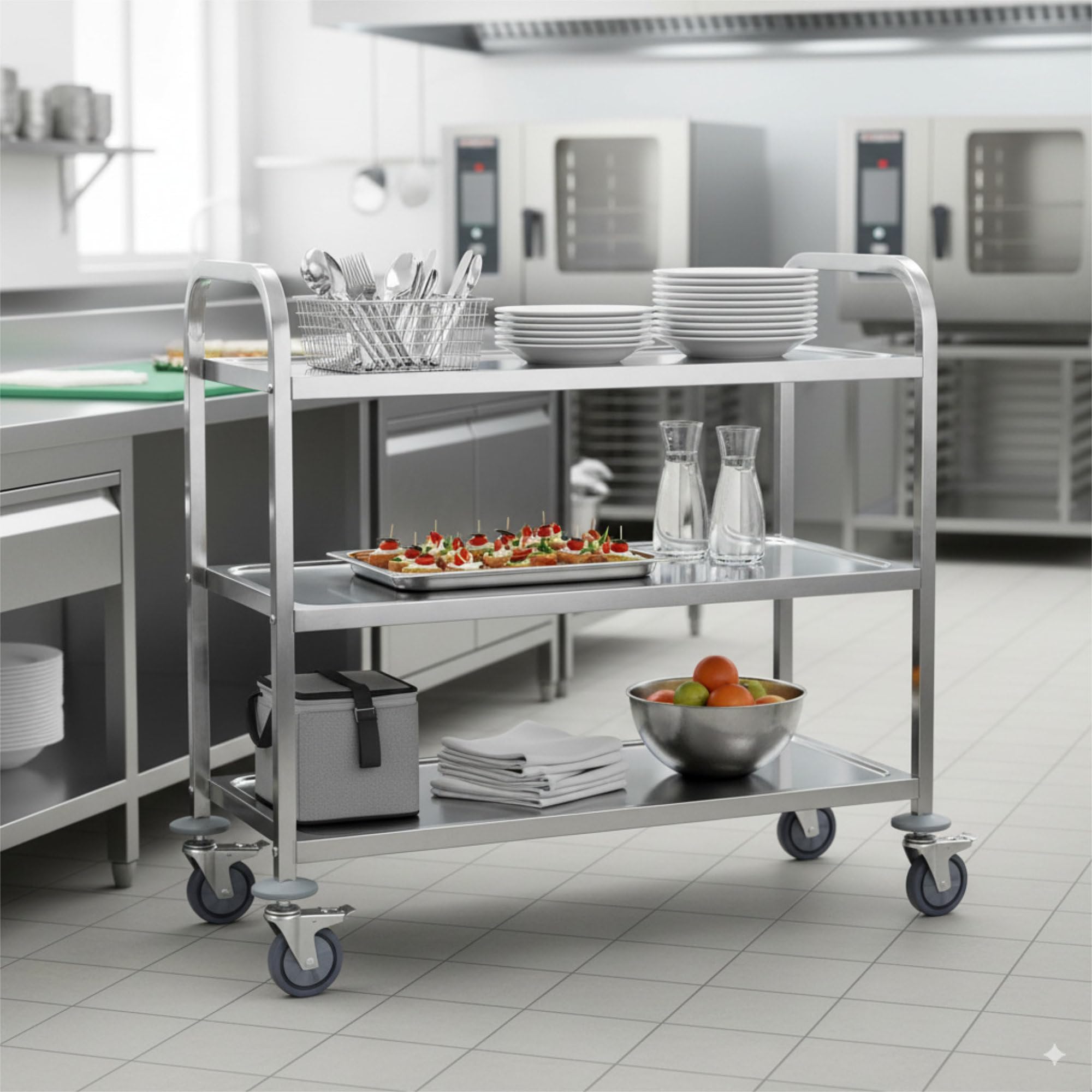 Mahlzeit Carro de Servicio de Acero Inoxidable con 3 Estantes | 101,5 x 95 x 48,5 cm | Carrito de Servicio con 4 Ruedas y Frenos de Bloqueo | Carrito de Restaurante con 3 Niveles | Almacenamiento