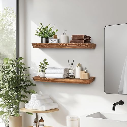Miniatura 2 de Paquete de 2 estantes flotantes inclinados de 24 x 6.8 x 1.6 pulgadas, acabado marrón rústico, diseño de madera maciza resistente con soportes