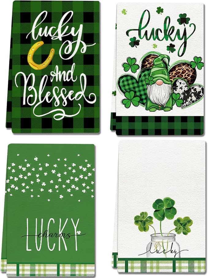 St. Patrick's Day Kitchen Towels, 4-Pack Shamrock Buffalo Plaid Green Dish Towels, 18x26 Inch, Soft, Absorbent, Durable, Perfect for Kitchen & Bathroom, Green White