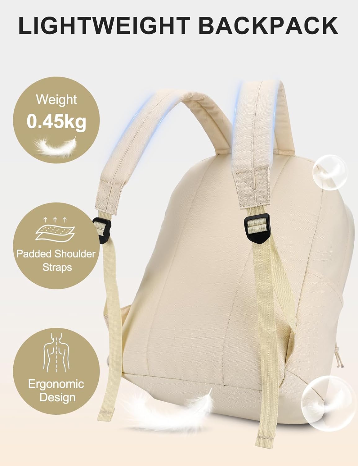 VASCHY Lightweight Backpack for School, Water Resistant Classic Bookbag with Side Pockets for Girls,Kids,Teens Beige