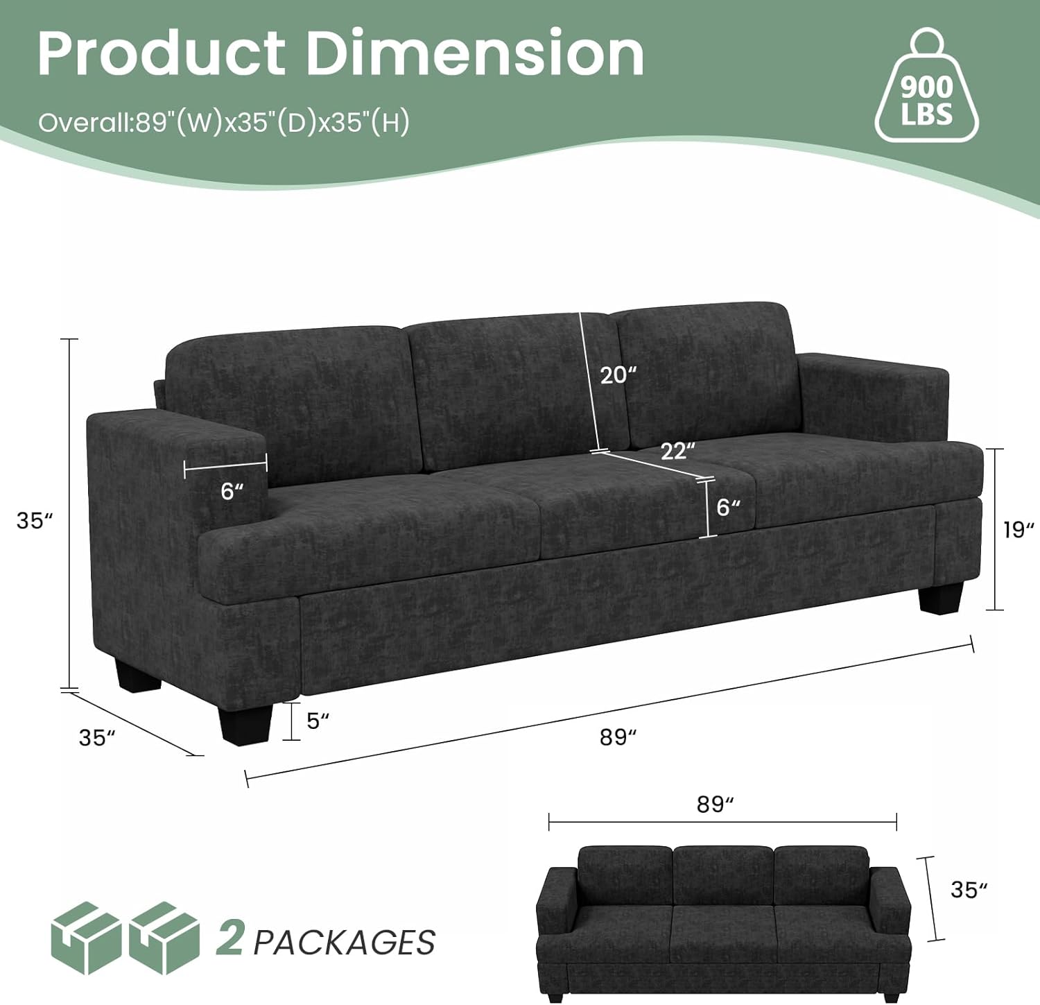Fiona's magic 5 Seats Sofa Couch Set, 2 Piece Set Comfy Sofa, 3 Seater & Loveseat Sofa with Deep Seats for Living Room, Modern Sleeper Couch, Dark Grey Chenille