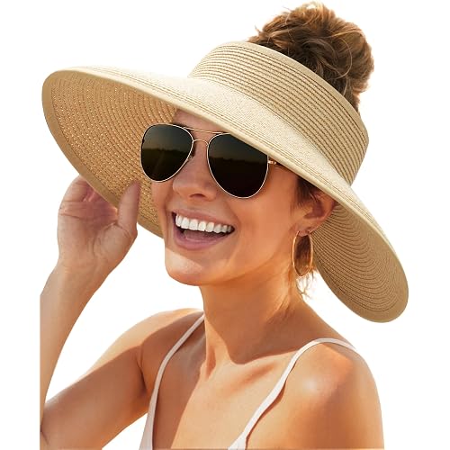 FURTALK Womens Sun Hat with Ponytail Hole Wide Brim Beach Straw Visor | Foldable & Packable for Beach Vacations, Adjustable Fit for Messy Buns, Detachable Windproof Strap, Sweat-Wicking Inner Band