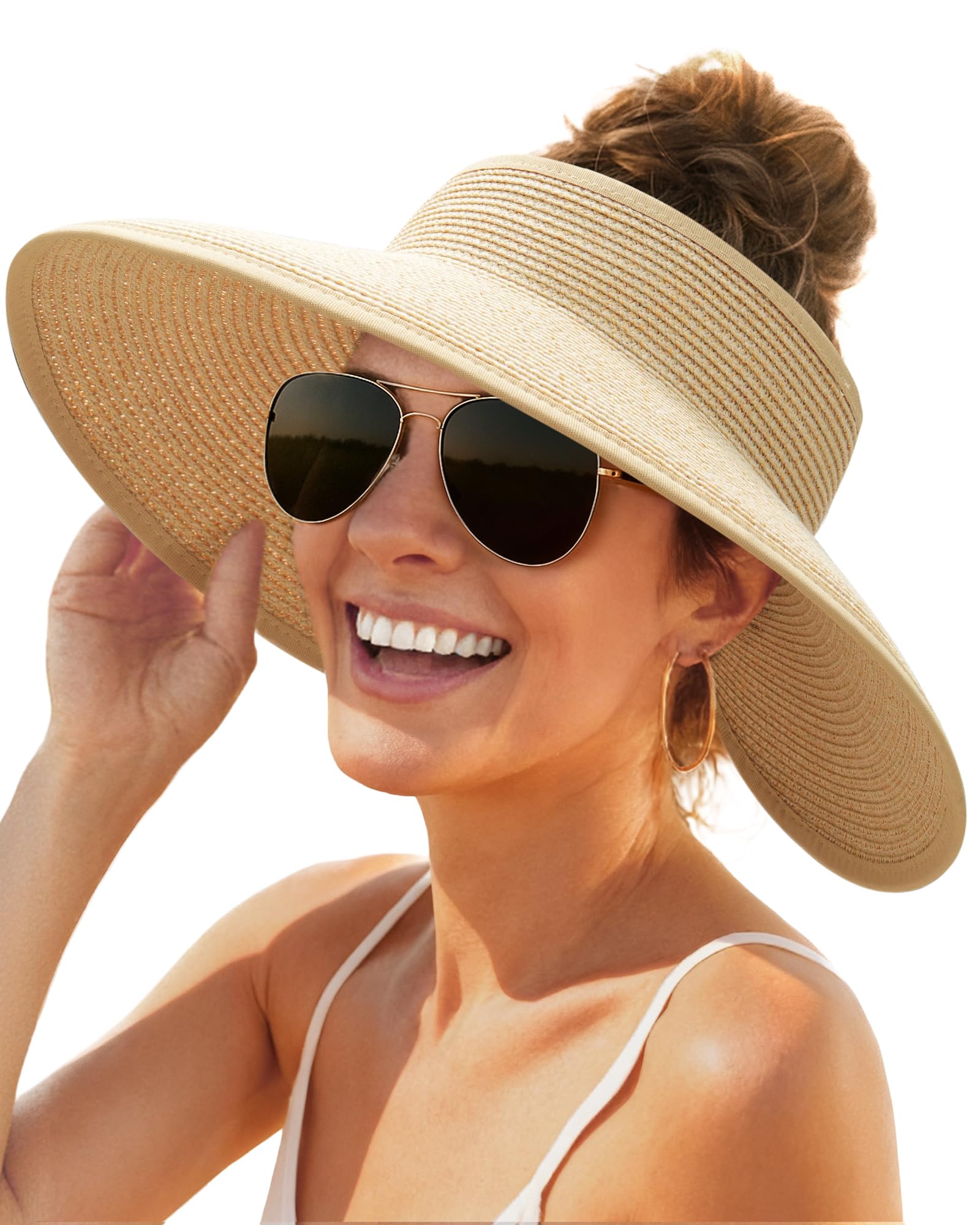 FURTALK Womens Sun Hat with Ponytail Hole Wide Brim Beach Straw Visor | Foldable & Packable for Beach Vacations, Adjustable Fit for Messy Buns, Detachable Windproof Strap, Sweat-Wicking Inner Band Medium Beige Khaki Mix