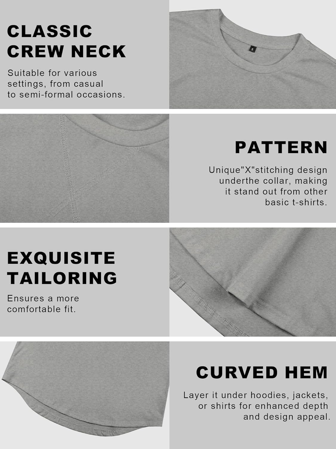 Comdecevis Mens 2 Pack Cotton Crewneck T-Shirts Hipster Hip Hop Longline Tees Shirts