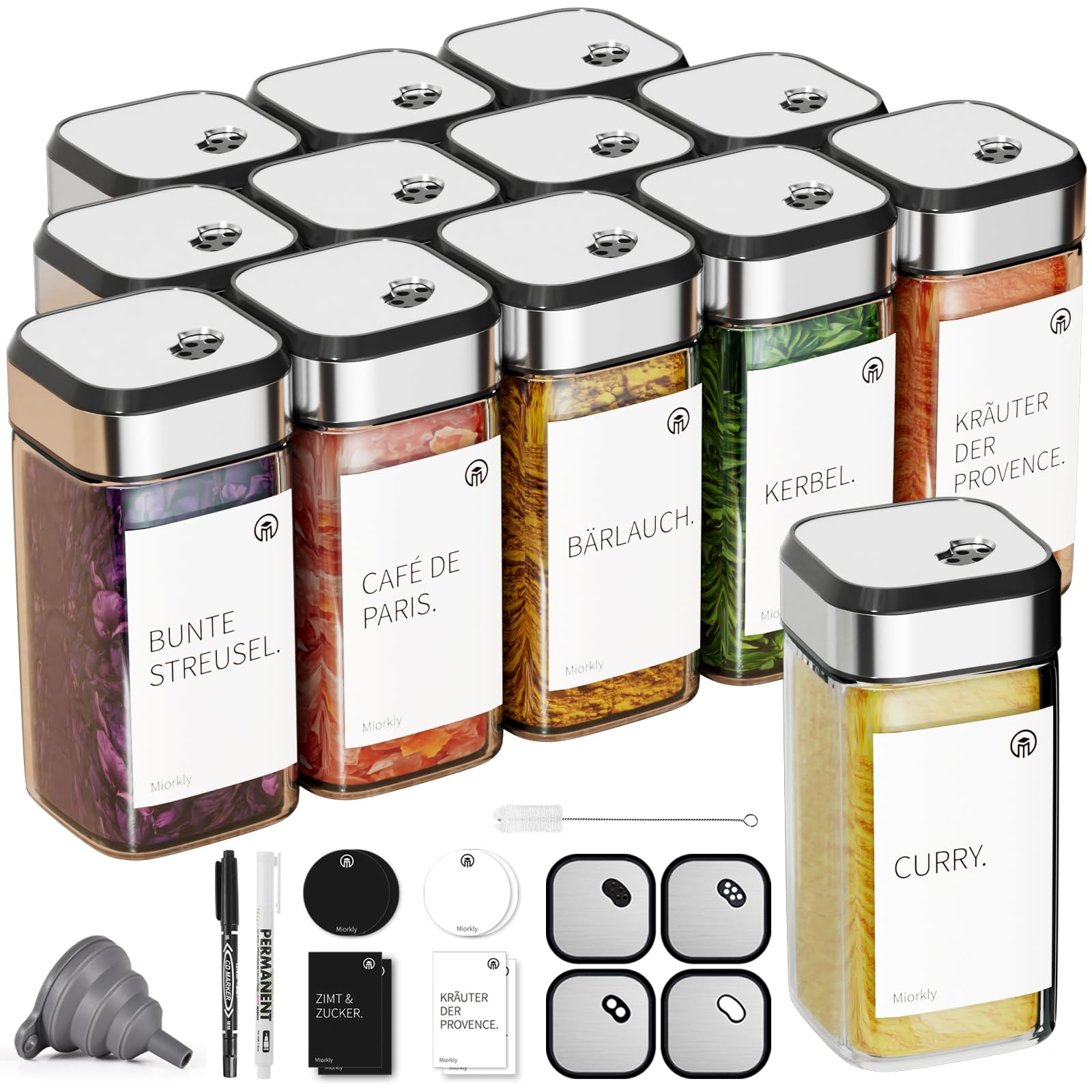 Miorkly Gewürzgläser Eckig mit Streueinsatz 12er, Gewürzstreuer Glas 120 ml-Gewürzdosen Set-Gewürz Organizer-Gewürzbehälter mit drehbarem Gewürzlochdeckel mit Etikett-Gewürzglas Spice Jars