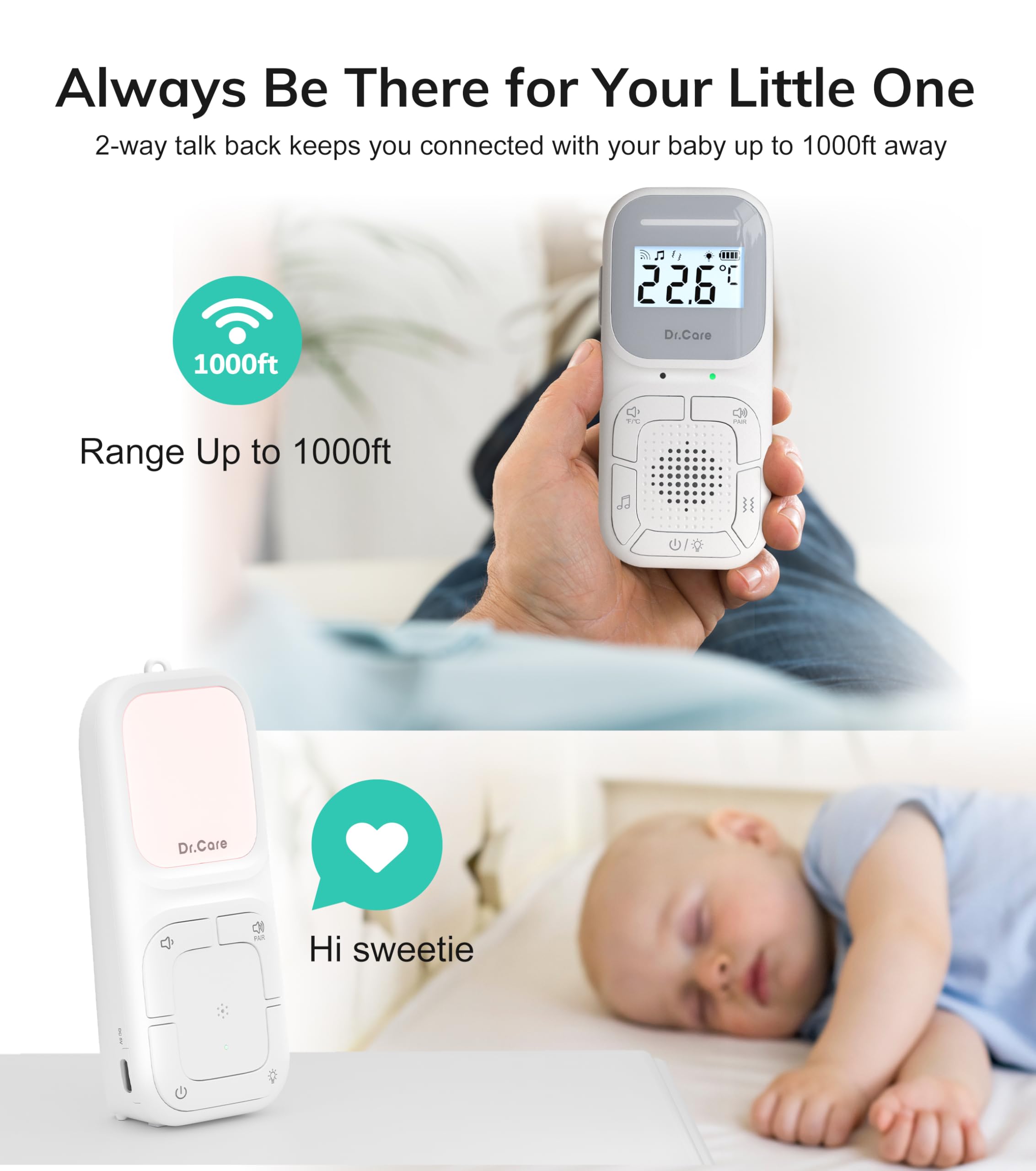 Dr.Care Neo Go Monitor Audio Portatile Bambini 300m, Batteria Giorno-Notte, Comunicazione Bidirezionale, VOX, Luce Notturna