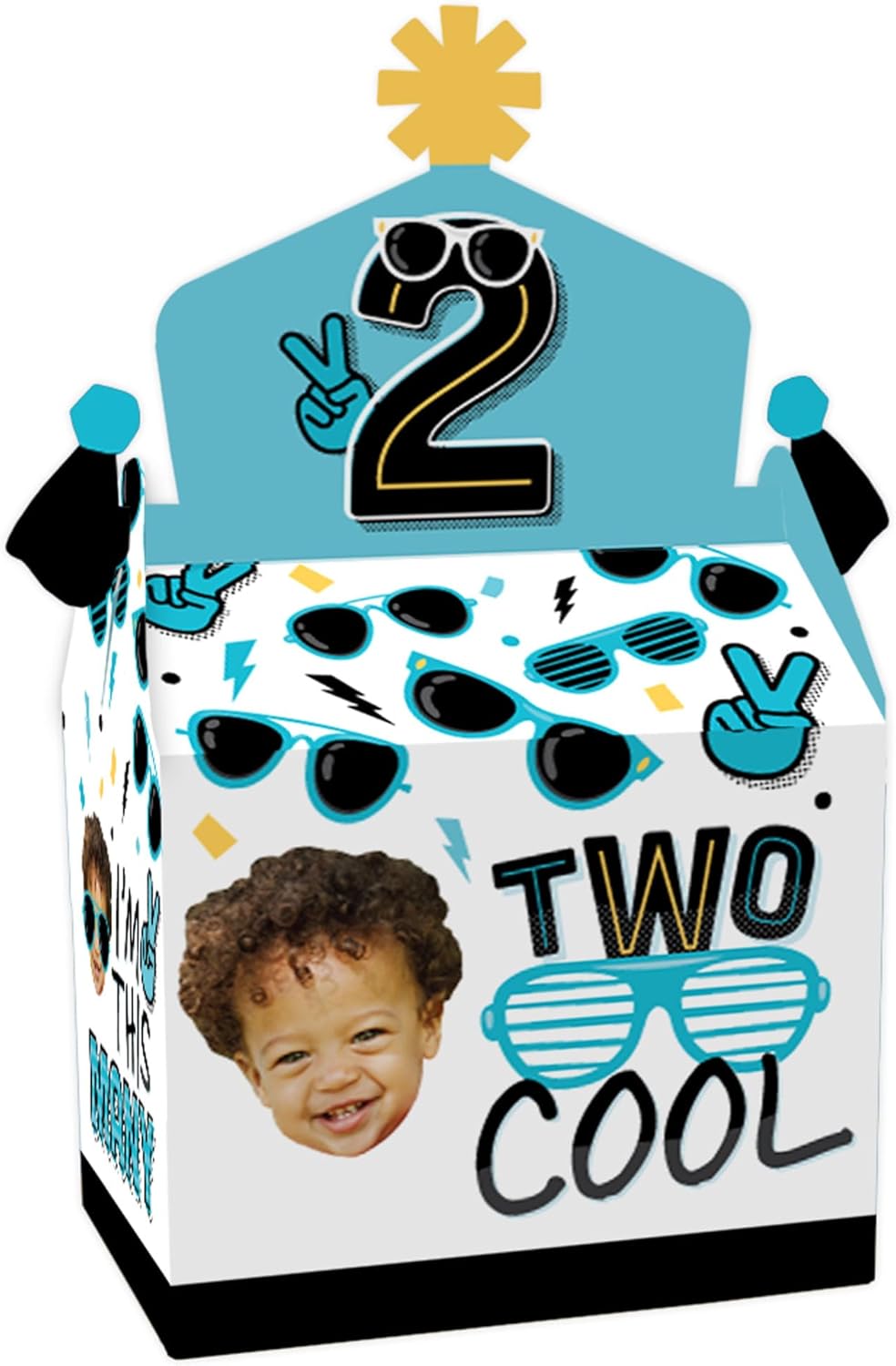 Big Dot of Happiness Custom Photo Two Cool - Boy - Blue 2nd Birthday Treat Box Party Favors - Fun Face Goodie Gable Boxes - Set of 12