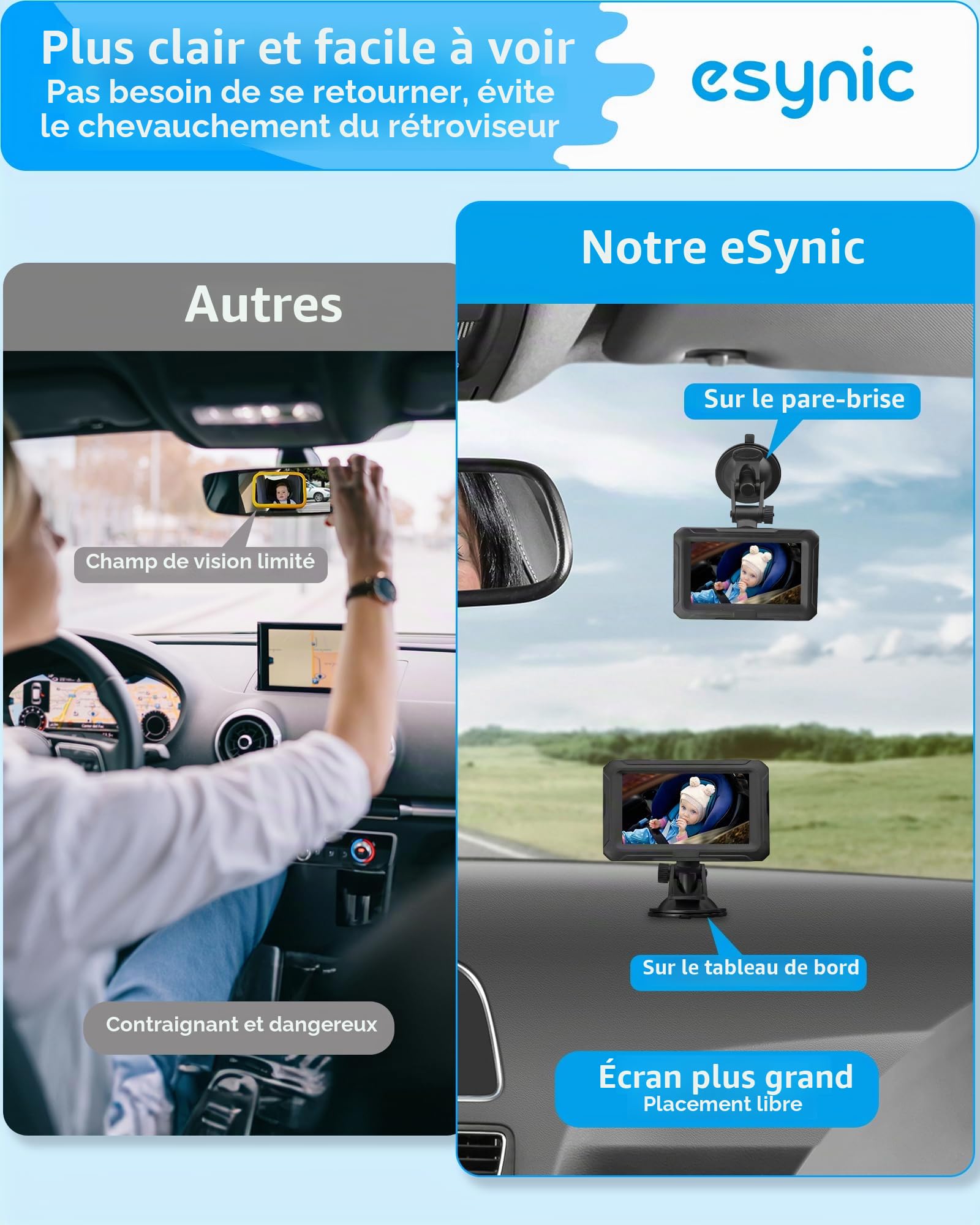 eSynic Miroir Voiture Bébé HD 1080P Rotation à 360 Retroviseur Voiture Bebe avec Lampe Infrarouge de Vision Nocturne Support Adhésif Solide Miroirs Auto Bébés Alimentation par USB Installation Facile