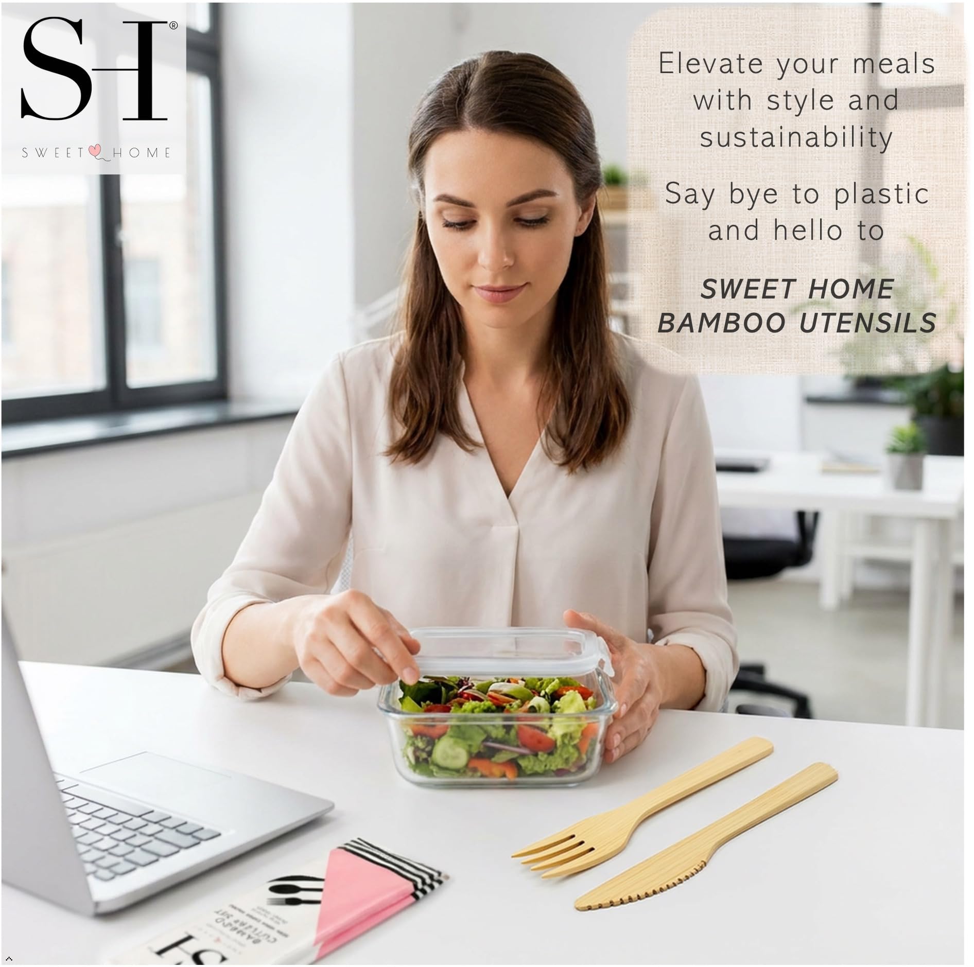 Sweet Home - Set di utensili in bambù 100% compostabili, usa e getta, 180 pezzi, 70 forchette, 40 cucchiai e 70 coltelli, posate ecologiche per feste, campeggio