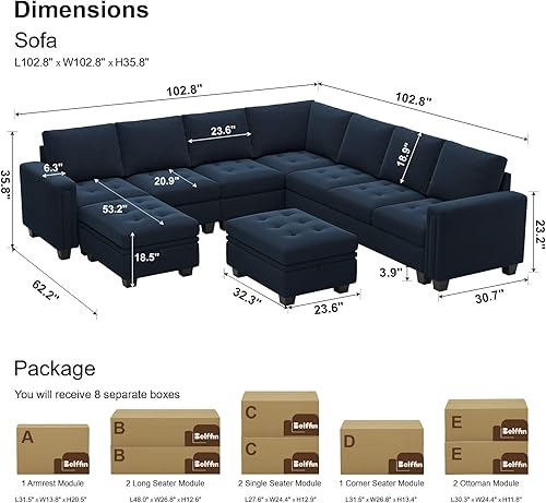 Miniatura 7 de Belffin Juego de sofá modular de terciopelo de gran tamaño de 8 asientos con almacenamiento otomano en forma de U, sofá modular convertible con