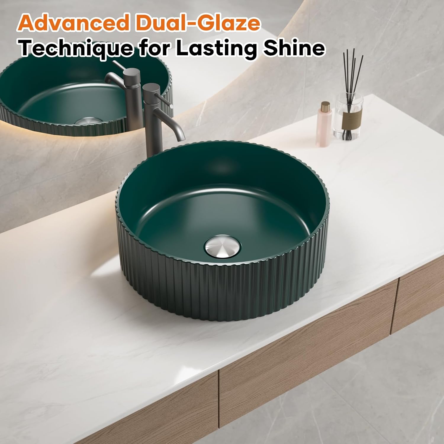 Vessel Sink 15.7" x 15.7" Round Bathroom Sinks Above Counter, Countertop Bathroom Vessel Sinks, Green Modern Ceramic Vanity Sink (15.7" x 15.7" green-round)