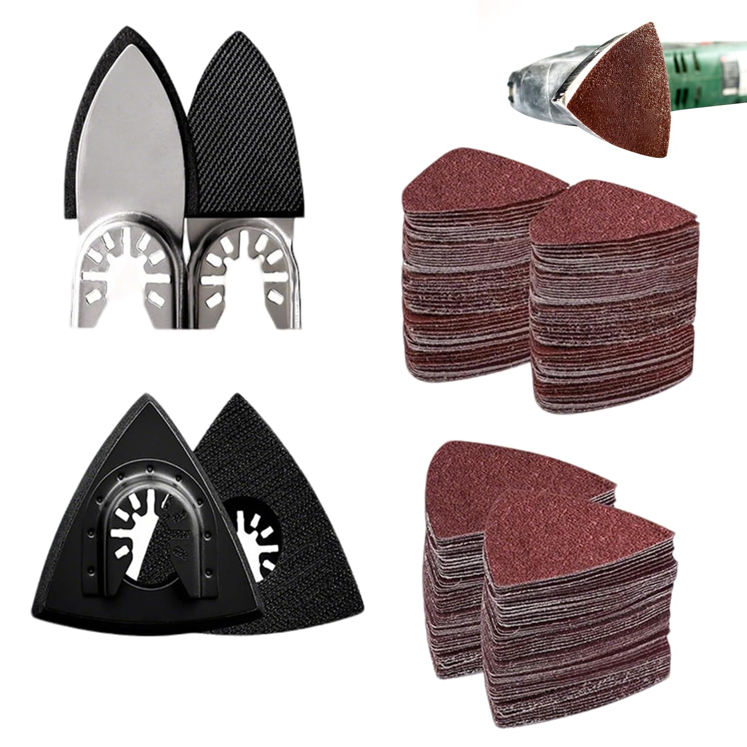 104 Pcs Multi Tool Sanding Pads Kit, Includes 2Pcs Triangle Sanding Pads + 2Pcs Finger Sanding Pad + 100Pcs Sandpaper, Compatible with DeWalt Dremel Milwaukee and More