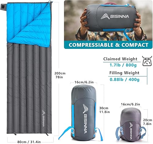 Miniatura 2 de BISINNA Saco de dormir ultraligero de 1.72 libras con capacidad de relleno 650 de 32-50 F para adultos y niños, mochila ultraligera y compacta,