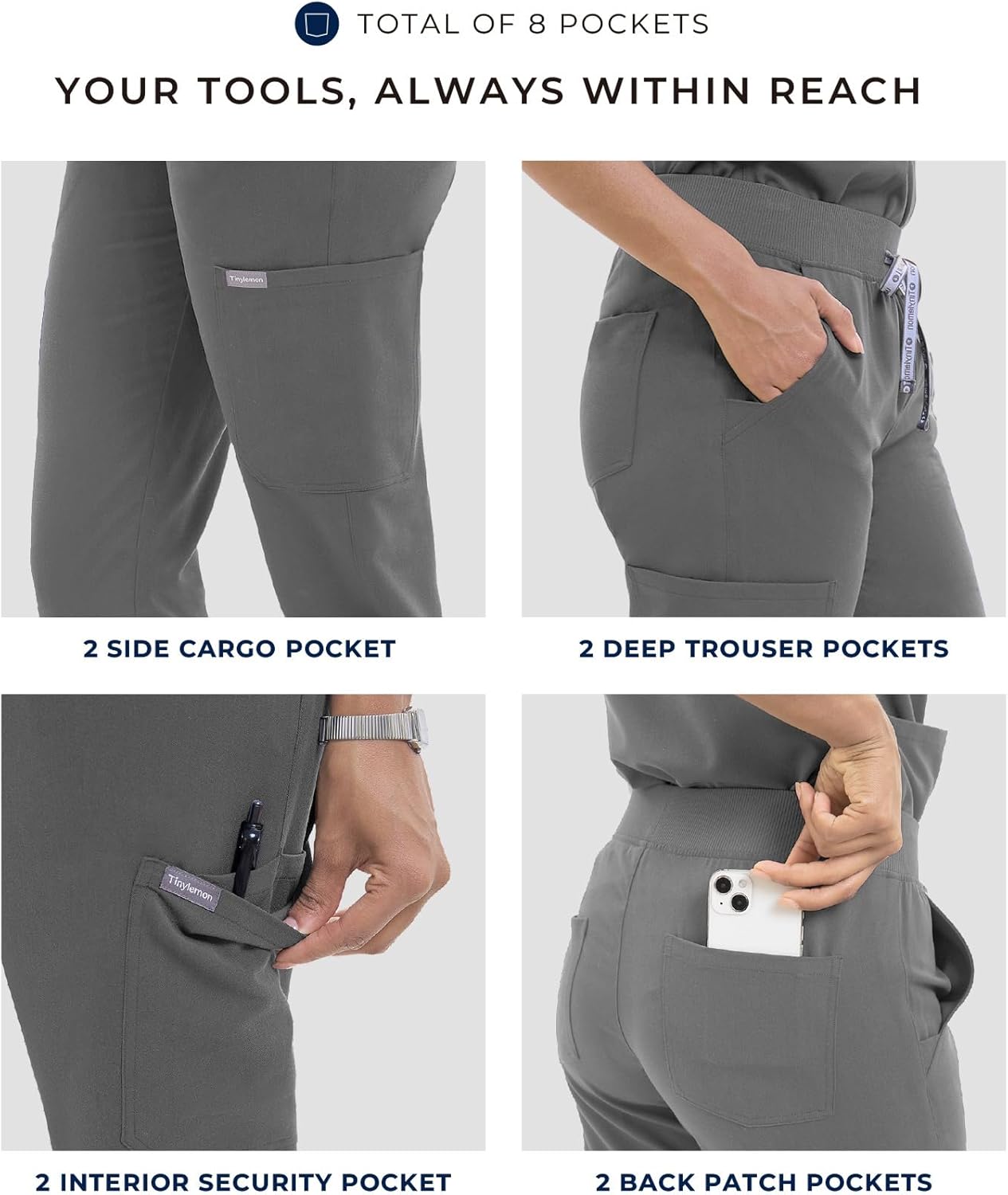 TINYLEMON Scrub Pants for Women - Slim Fit Soft Four Way Stretch Anti-Wrinkle Yoga Waistband Women Joggers 8 Pockets - Image 4
