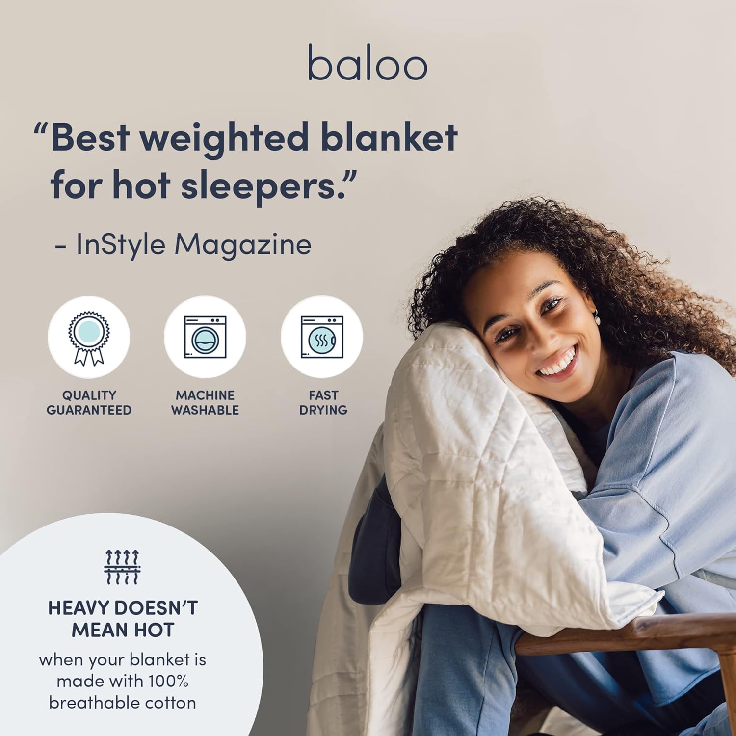 Baloo Soft 20lb Full/Queen Weighted Blanket with Removable Linen Cover - Heavy Cotton Quilted Blanket - Blush Pink, 60x80 inches Living