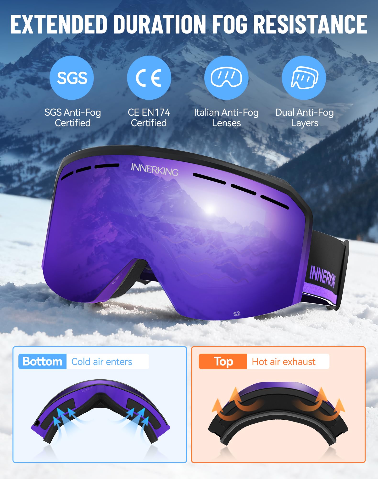Innerking Occhiali da sci/snowboard OTG per uomini, donne e ragazzi, occhiali da neve per sport da neve, anti appannamento, protezione UV400 al 100%