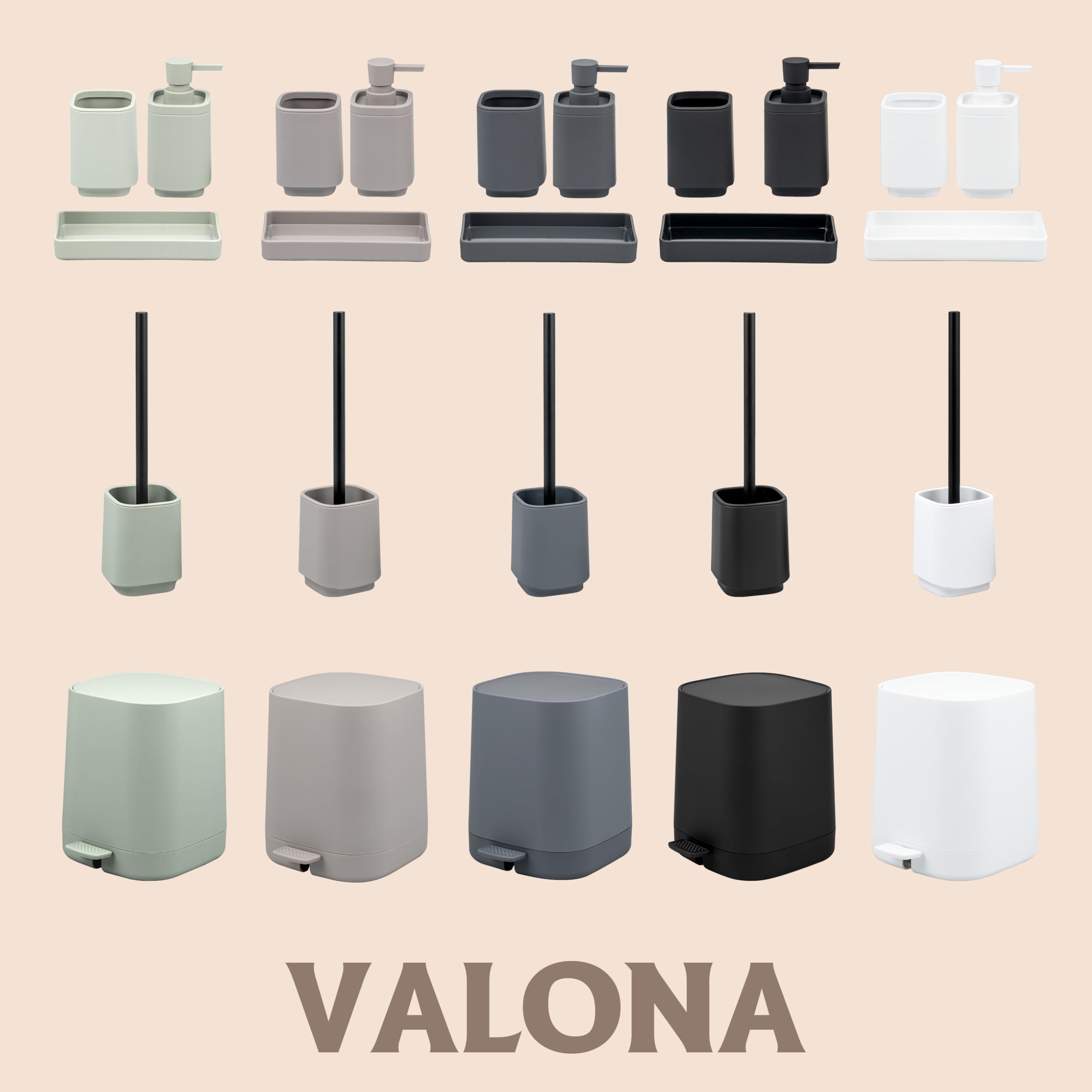 eluno Badezimmer-Set VALONA mit Soft-Touch Oberfläche, Bad-Accessoires Set 5tlg., Seifenspender, Becher, Schale, Kosmetikeimer und WC-Garnitur ideal für Bad und Gäste-WC aus Kuntstoff (Schwarz)