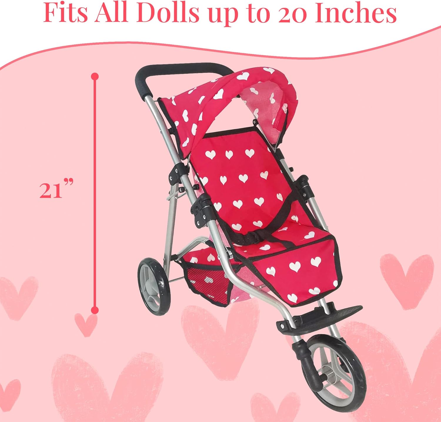The New York Doll Collection Baby Doll Stroller | Pink Hearts Pattern | Doll Strollers | 3+ to 6 Years | A239